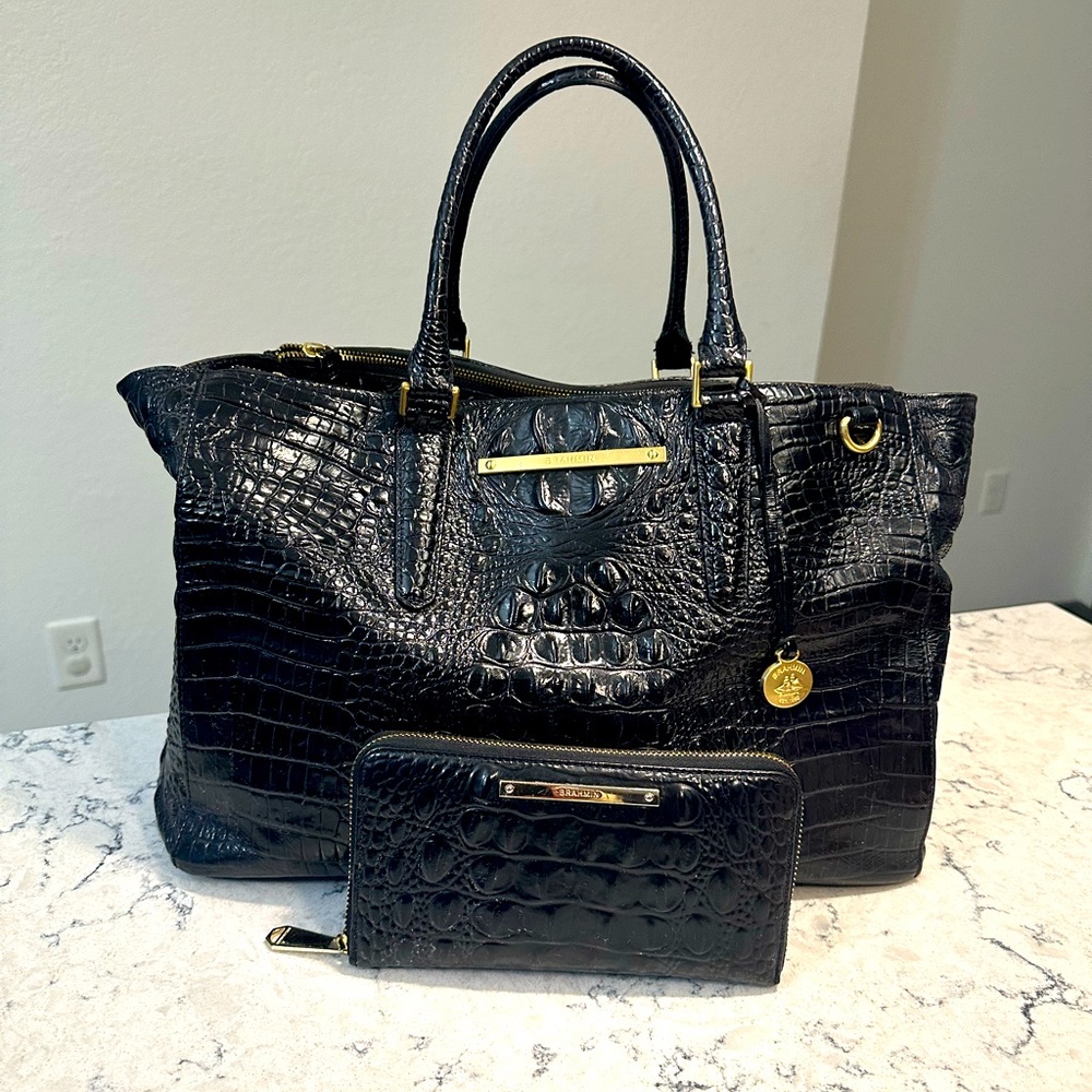 Brahmin Lincoln Satchel-Black Melbourne with matching wallet